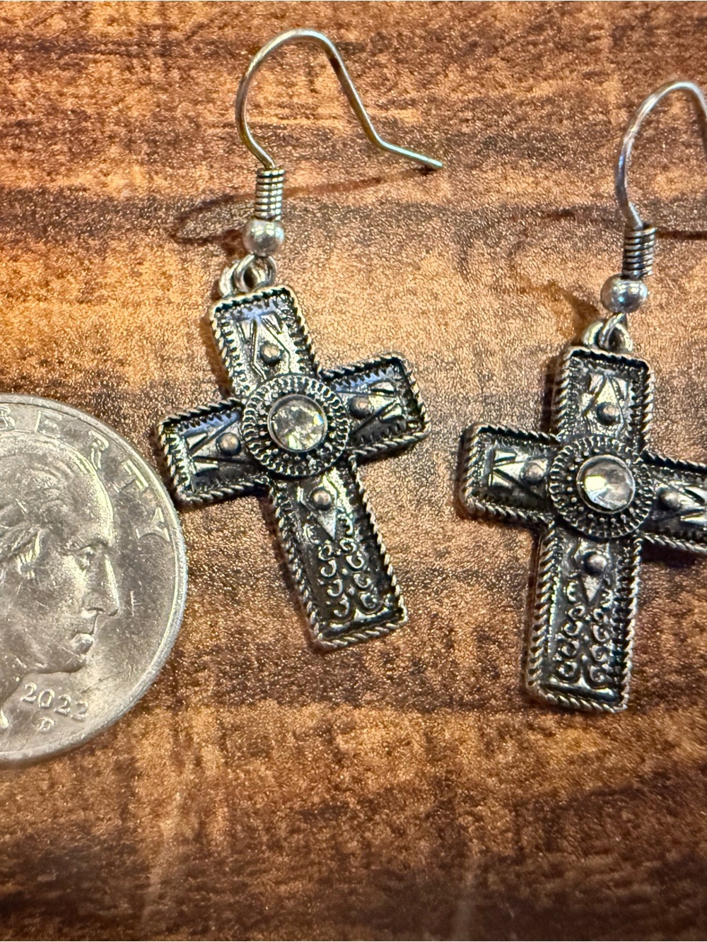Silver-Tone Cross Drop Earrings with Clear Crystal Accent - Women Jewelry